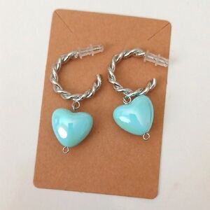 Silver Twisted Hoop Earrings with Blue Heart Charm